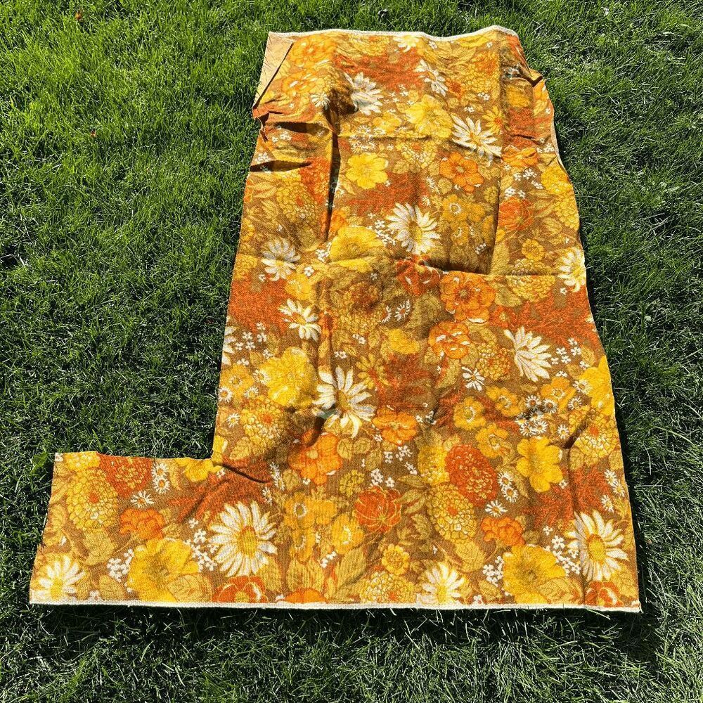 Vintage 60s 70s Floral Upholstery Fabric Mid Century Mod Daisy Retro Brown Orang